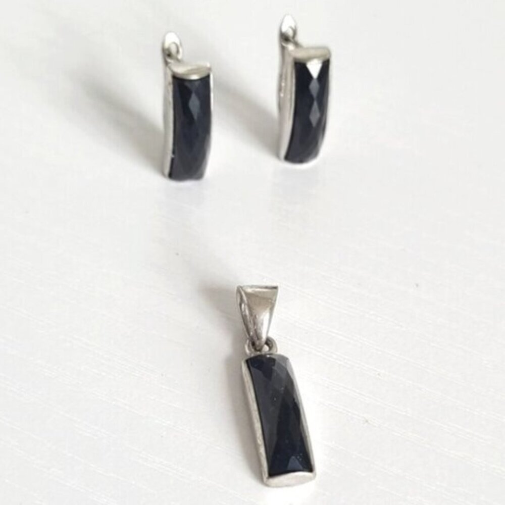 Vintage Boho Sterling Silver Faceted Black Onyx Crystal Bar Pendant Earrings Set